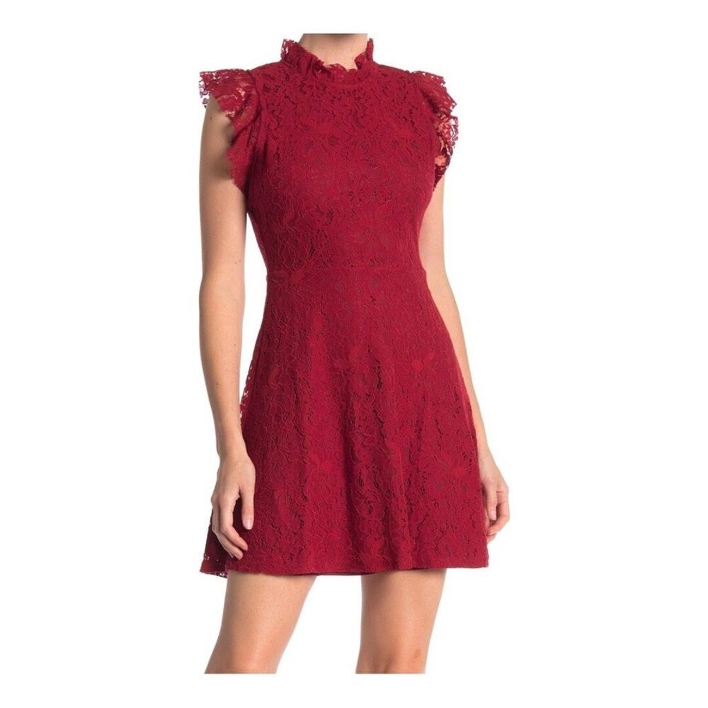 Neiman Marcus Red Lace Fit & Flare High Neck Dress Size Large